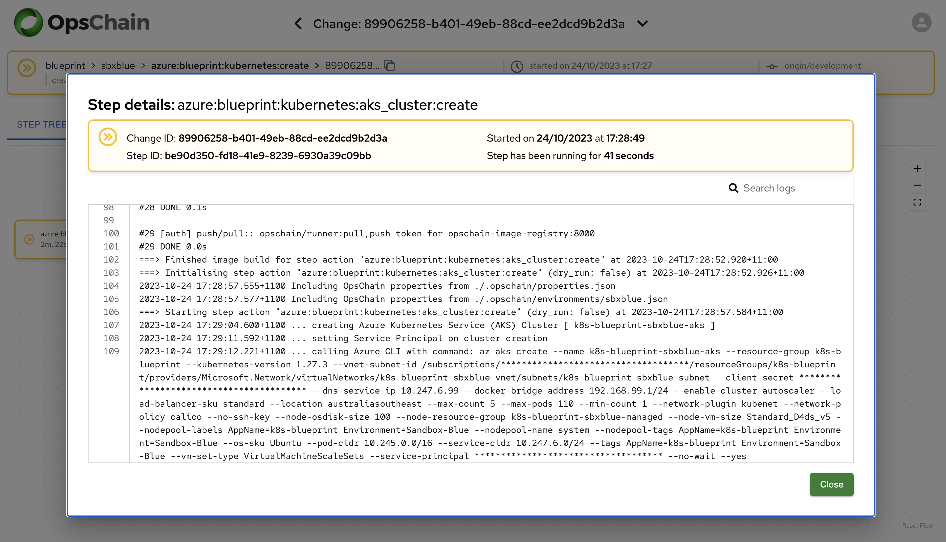 OpsChain change dashboard create AKS step logs